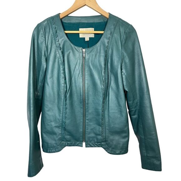 HINGE Women's Scalloped Zipper Front Soft Leather Jacket Teal Size Medium - Picture 1 of 14